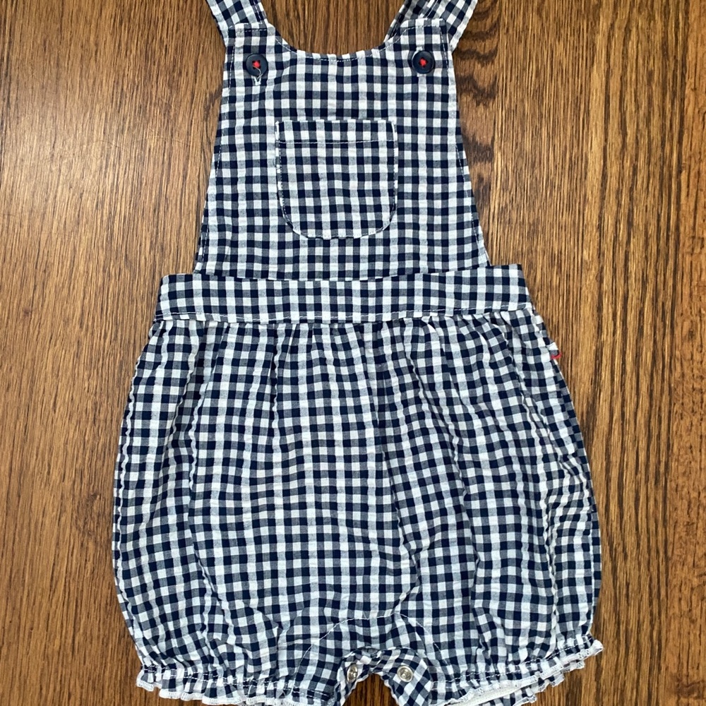 Navy blue gingham overalls with red detail